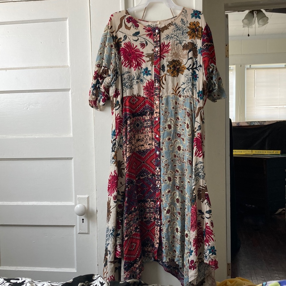 Cute button up different pattern dress super comfy size large